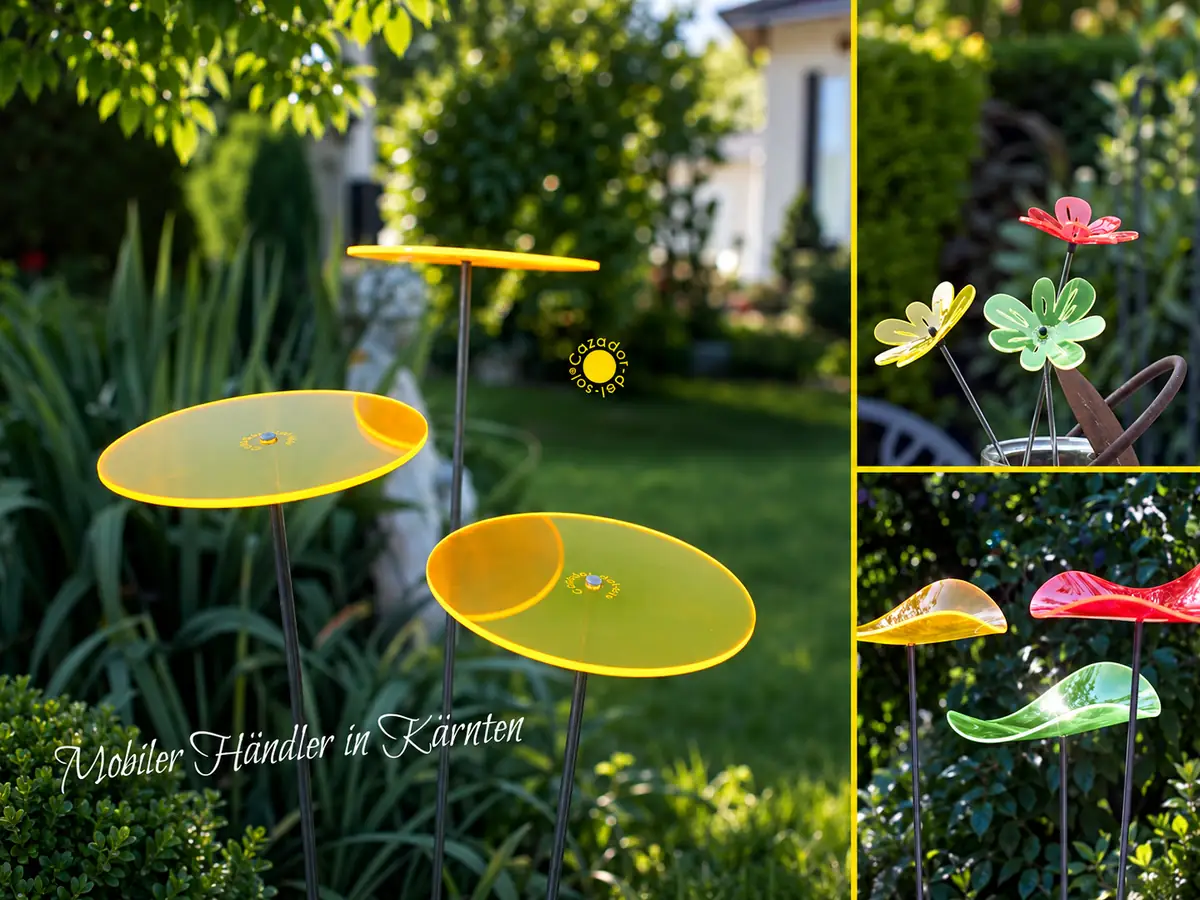 Gelbe Sonnenfänger im Garten sowie farbige Produktvarianten